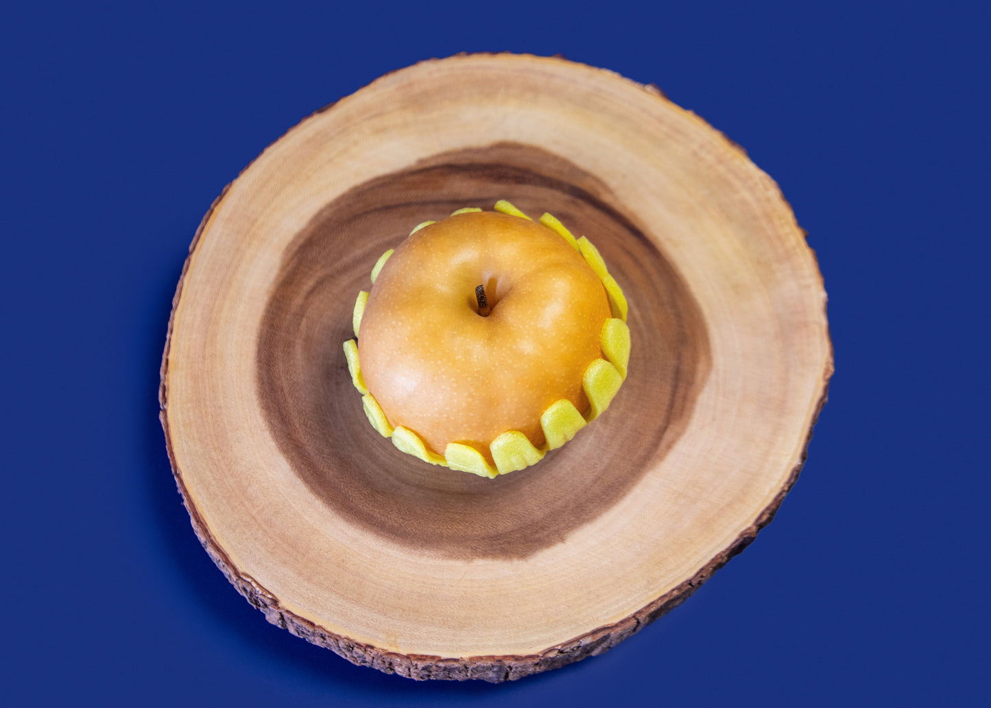 Apple on a wooden slice with a blue background